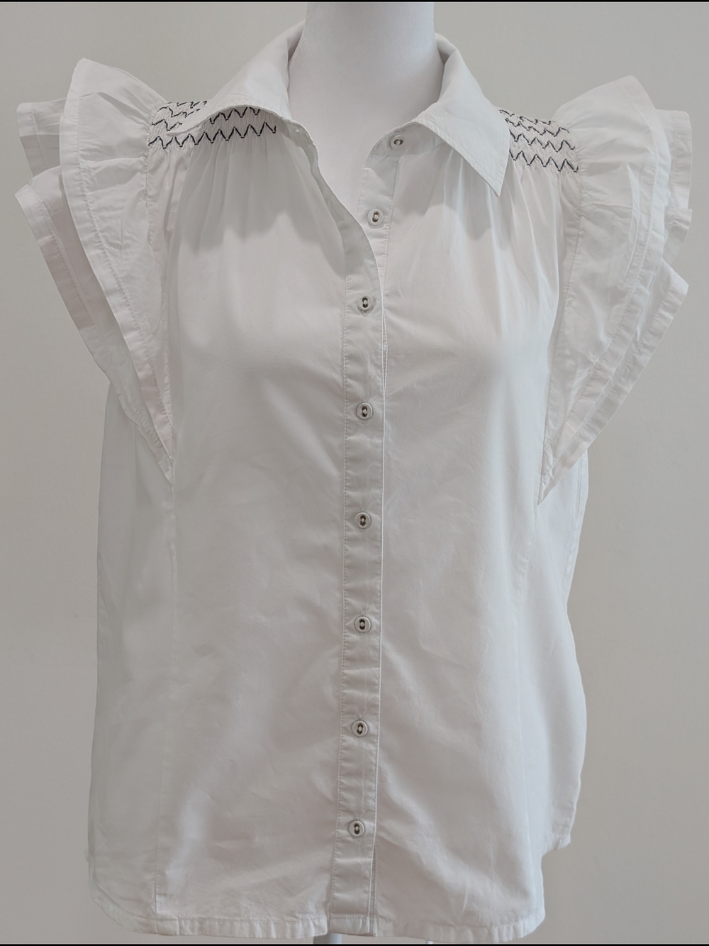 Ramy Brook Marceline Cotton Poplin White Ruffle Sleeve Button-Front Shirt